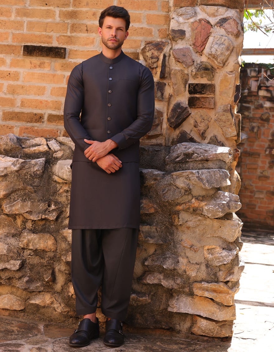 GREY BLENDED KAMEEZ SHALWAR & WAISTCOAT | JJKSVC-A-47390