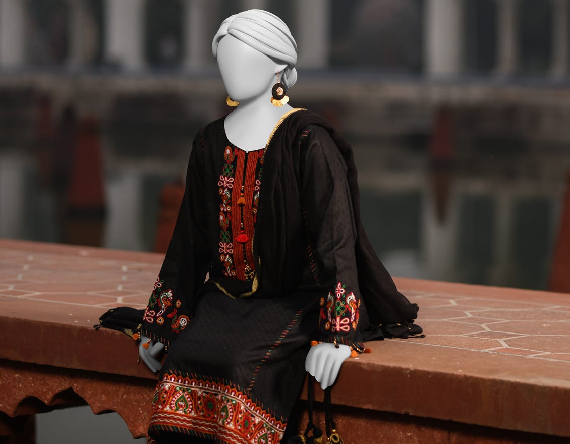 BLACK DOBBY EMBROIDERED UNSTITCHED 3PC | JLAWN-S-25-3077