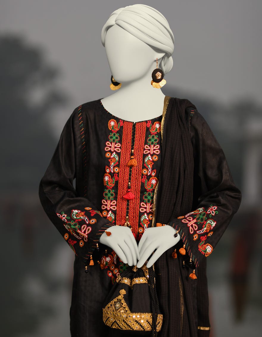BLACK DOBBY EMBROIDERED UNSTITCHED 3PC | JLAWN-S-25-3077