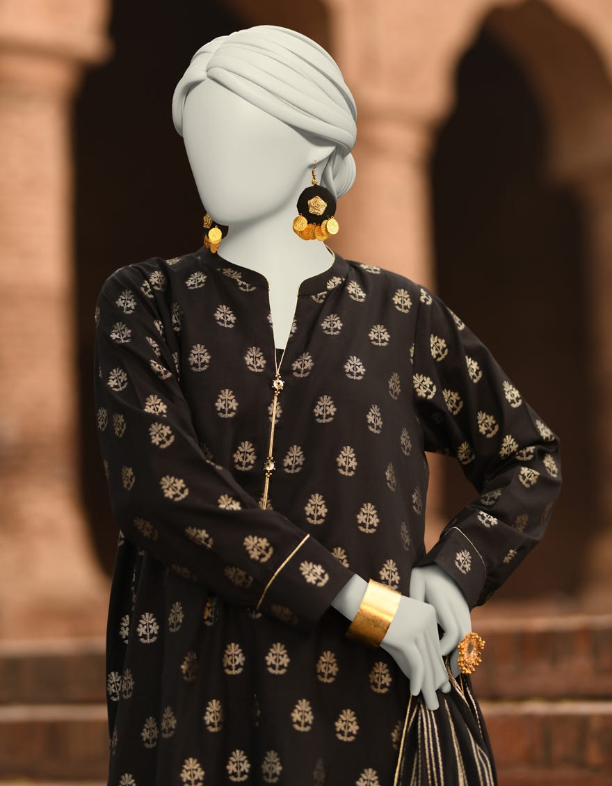 BLACK JACQUARD DYED UNSTITCHED 3PC | JLAWN-S-25-3208