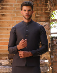GREY BLENDED KAMEEZ SHALWAR & WAISTCOAT | JJKSVC-A-47390