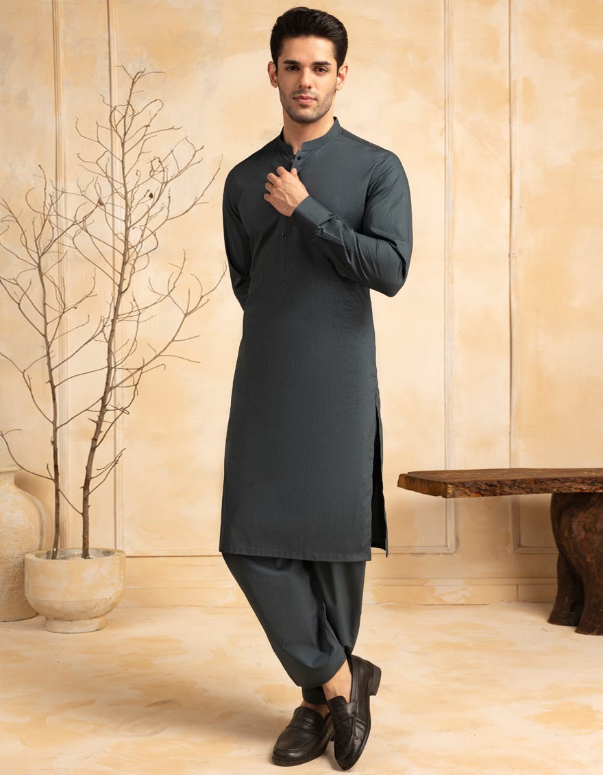 DARK GREEN COTTON CASUAL KAMEEZ SHALWAR