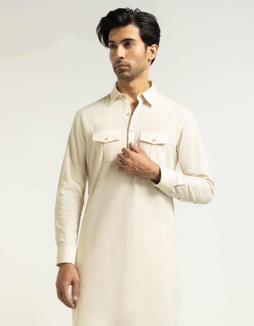 CREAM COTTON CASUAL KURTA TROUSERS