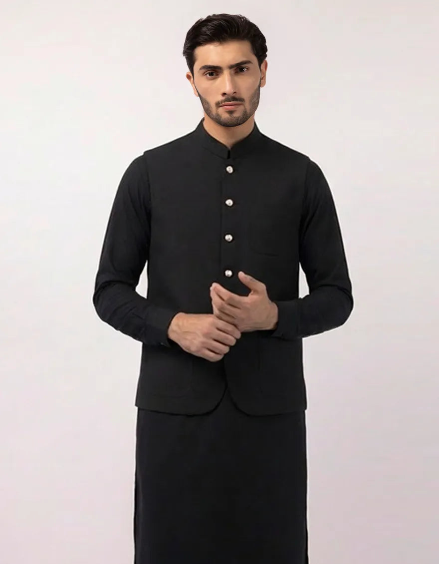 BLACK PLAIN KAMEEZ SHALWAR + WAISTCOAT