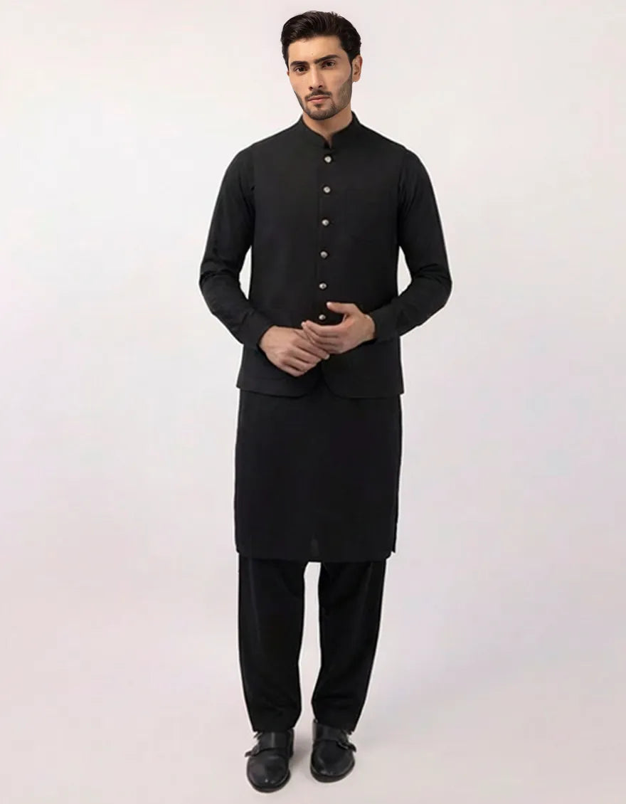 BLACK PLAIN KAMEEZ SHALWAR + WAISTCOAT