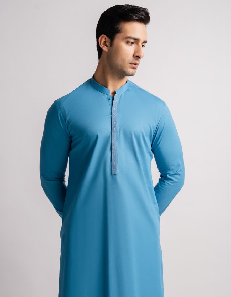 AQUA BLUE COTTON SEMI-FORMAL KURTA