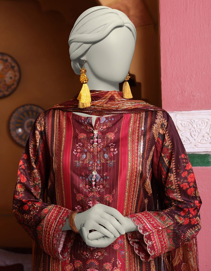 BROWN DOBBY EMBROIDERED UNSTITCHED 3PC | JLAWN-S-25-811