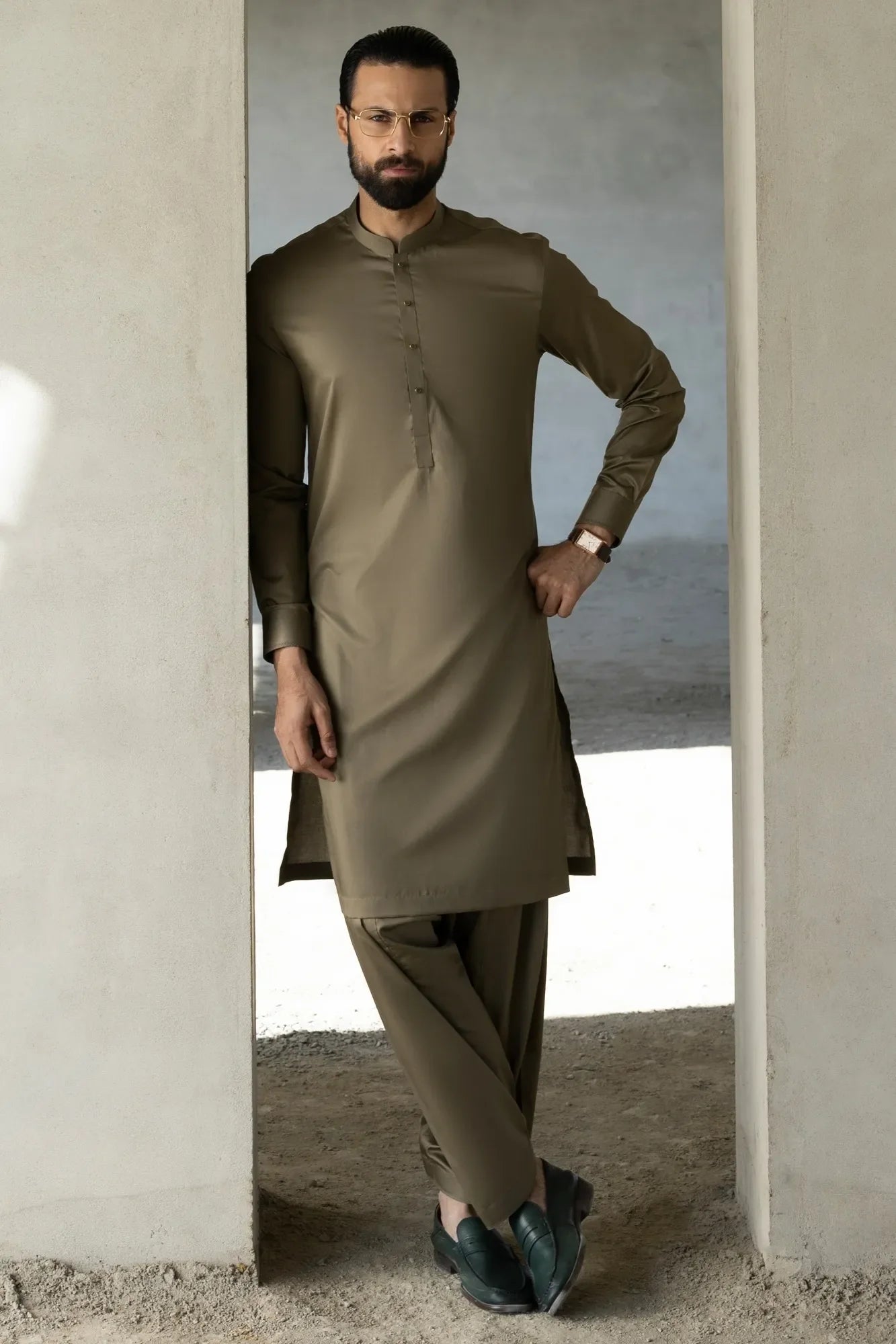MOSSBURN - OLIVE COTTON EXCLUSIVE KAMEEZ SHALWAR