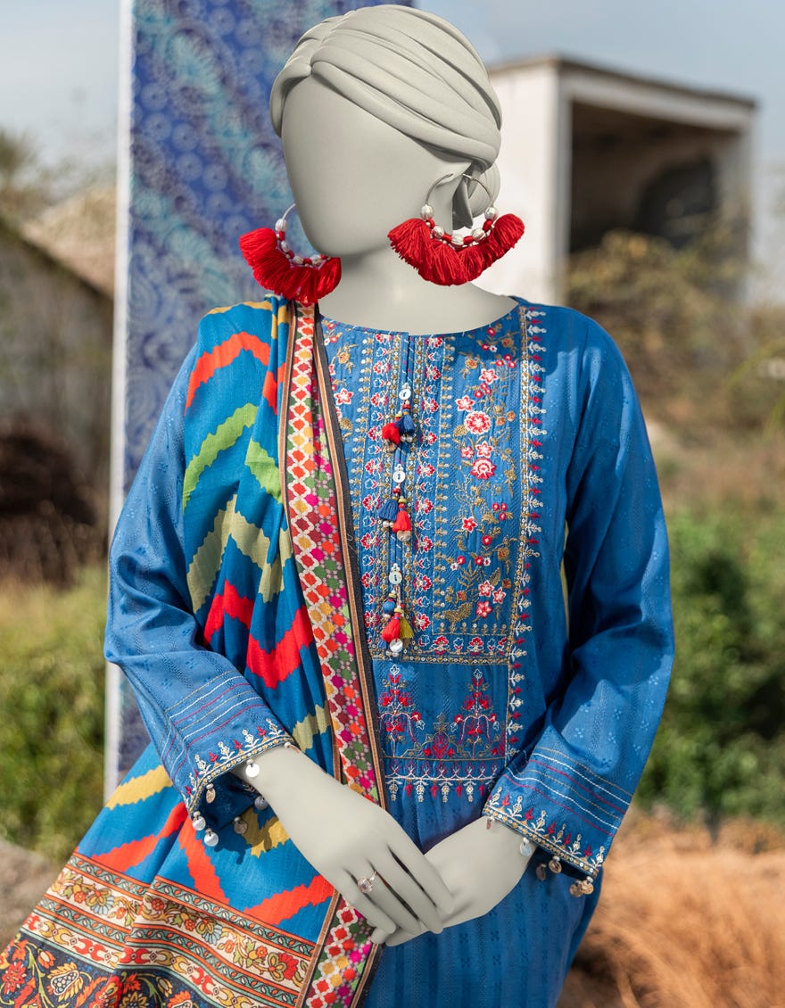 BLUE DOBBY EMBROIDERED UNSTITCHED 2PC | JLAWN-S-JDS-25-1076