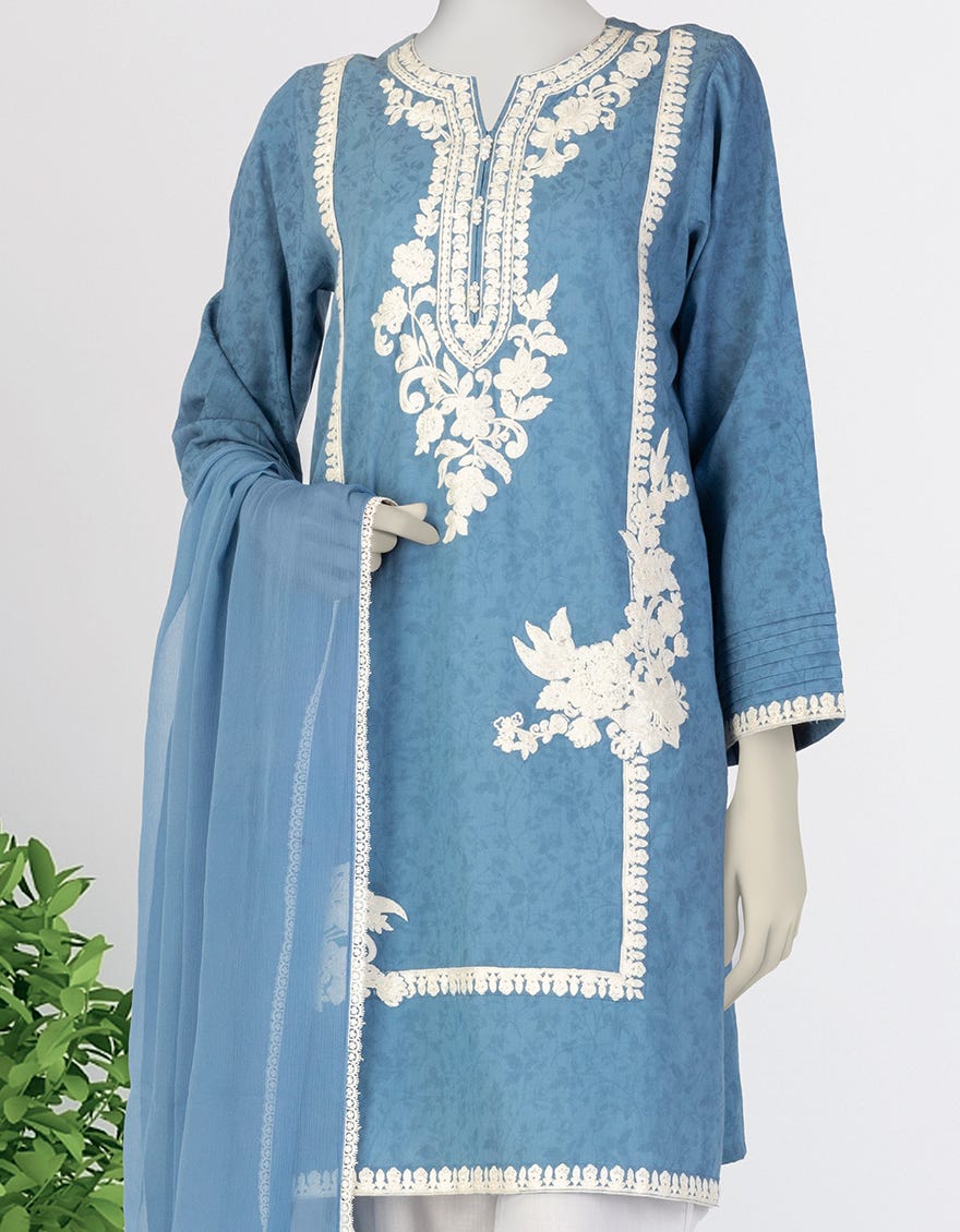 BLUE DOBBY EMBROIDERED 2PC STITCHED