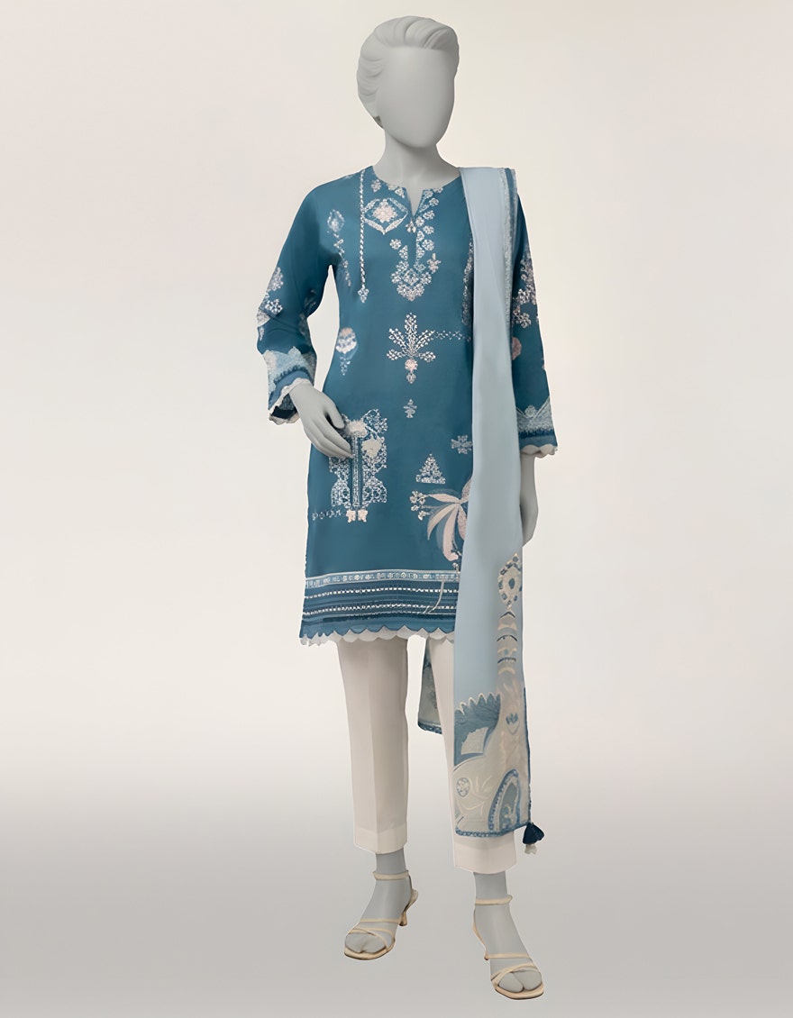 BLUE LAWN EMBROIDERED STITCHED 2PC