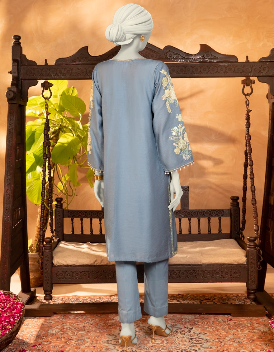 BLUE COTTON NET EMBROIDERED KURTI