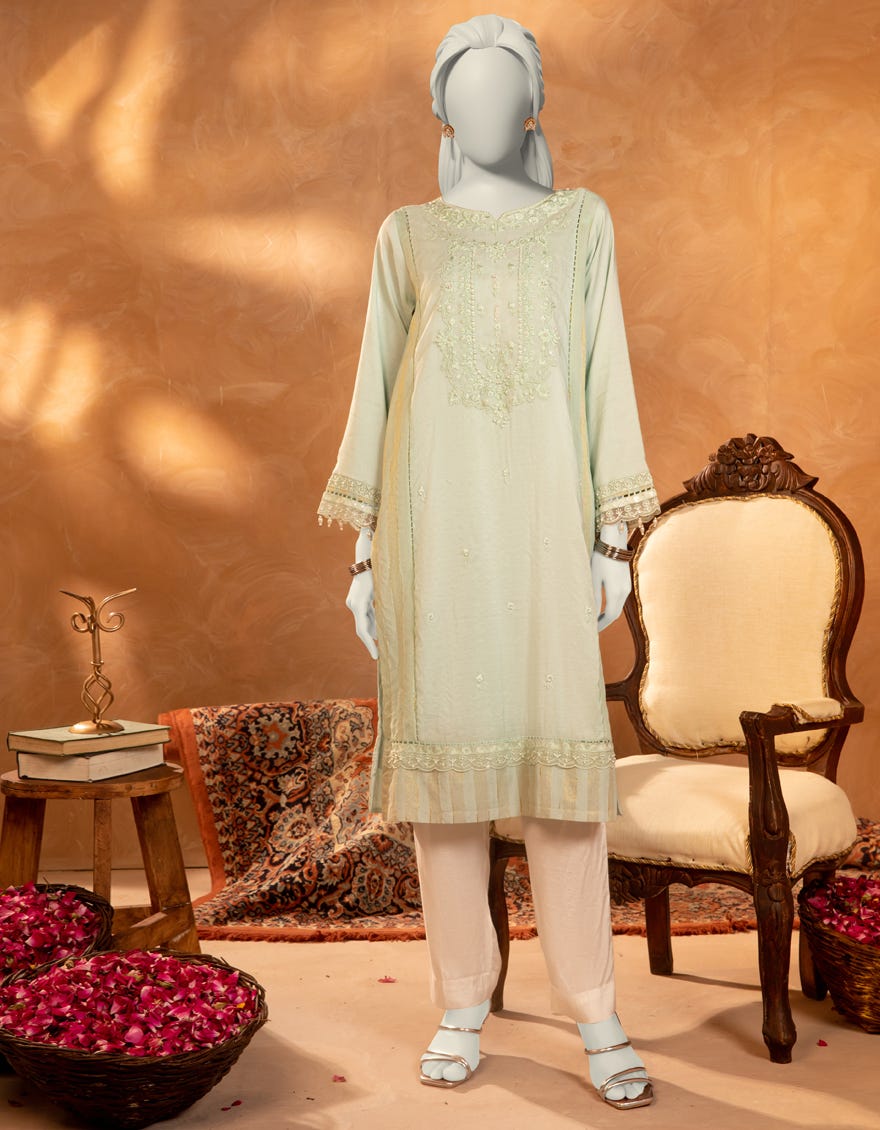BLUE PAPER COTTON EMBROIDERED KURTI