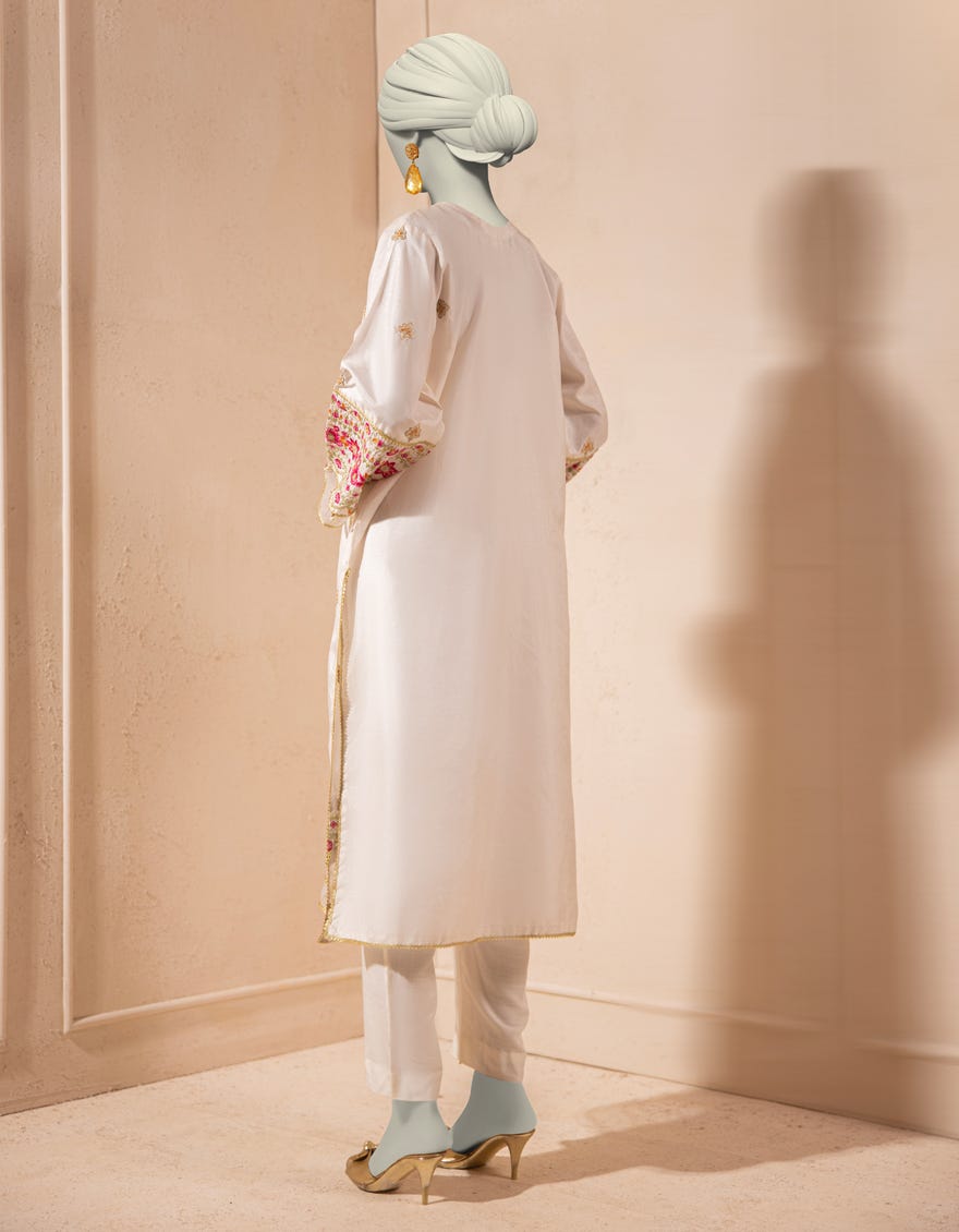 WHITE RAW SILK EMBROIDERED KURTI