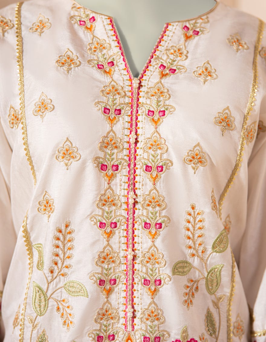 WHITE RAW SILK EMBROIDERED KURTI