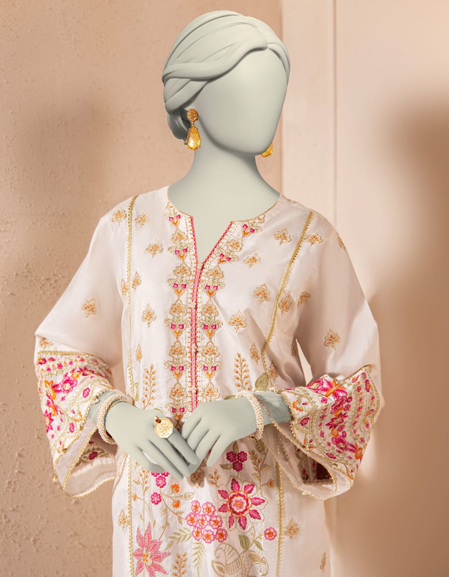 WHITE RAW SILK EMBROIDERED KURTI
