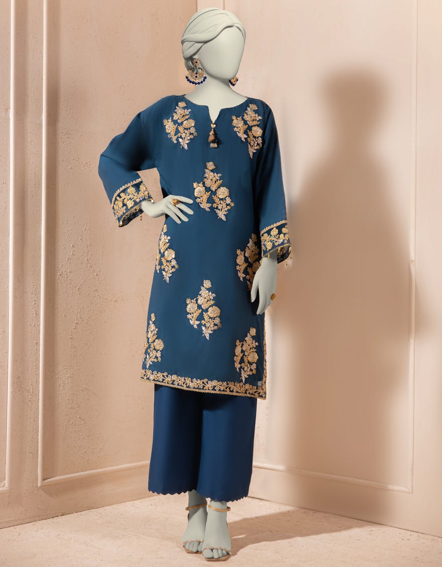 BLUE COTTON NET EMBROIDERED KURTI