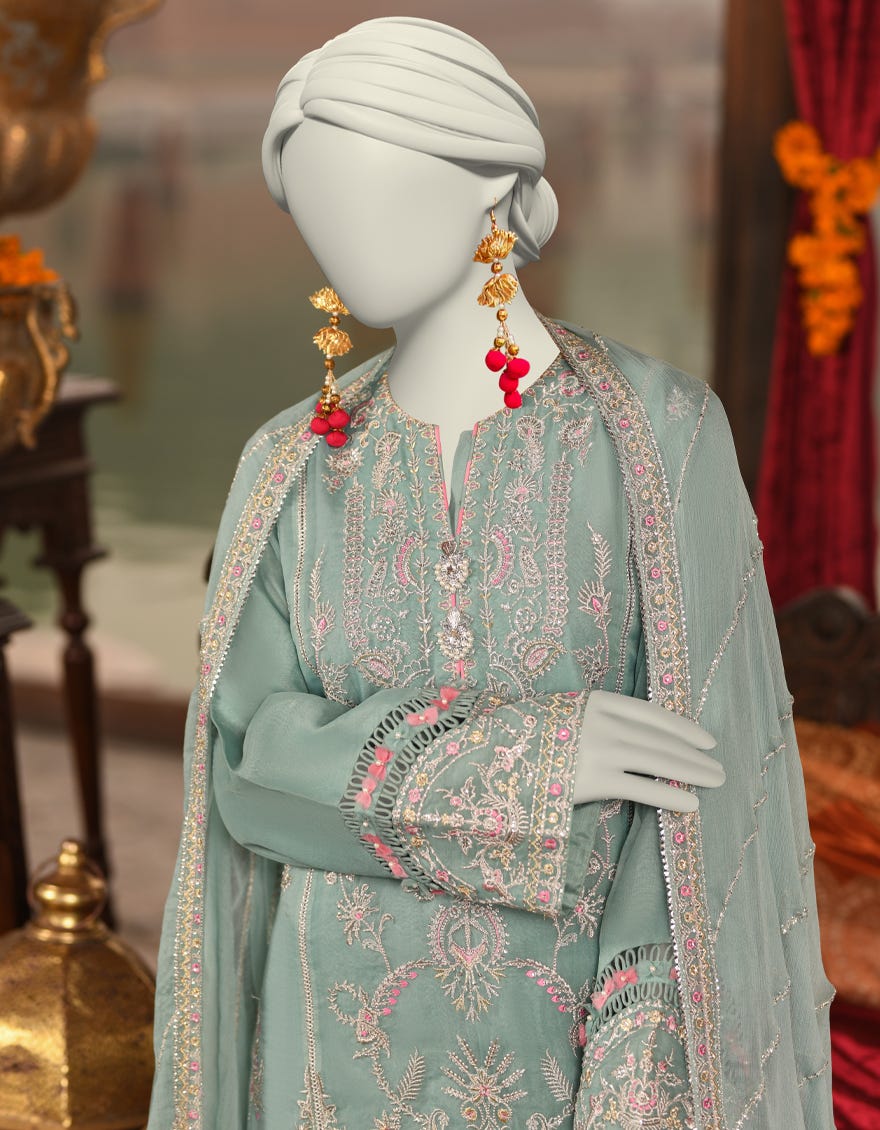 GREEN ORGANZA EMBROIDERED UNSTITCHED 3PC | JJLS-S-JFU-25-703