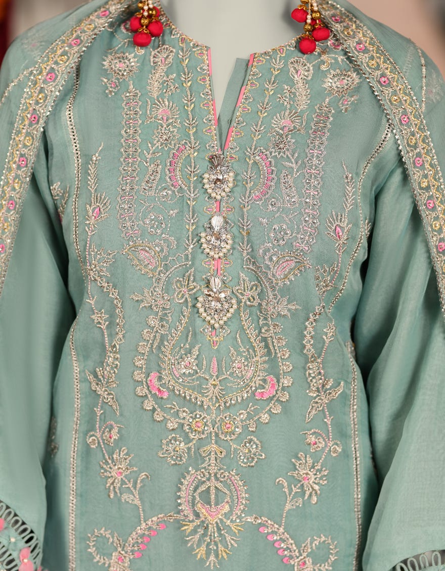 GREEN ORGANZA EMBROIDERED UNSTITCHED 3PC | JJLS-S-JFU-25-703