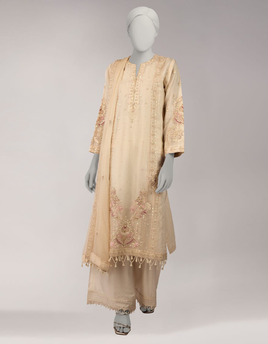 IVORY ORGANZA EMBROIDERED UNSTITCHED 3PC