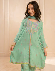 GREEN SILK EMBROIDERED 3PC STITCHED