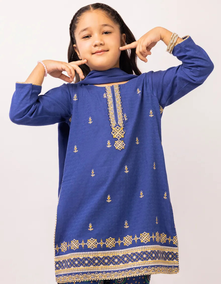 BLUE DOBBY EMBROIDERED STITCHED 3PC
