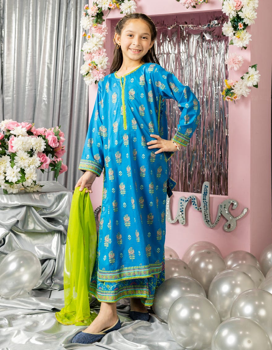 BLUE LAWN PRINTED 3PC STITCHED