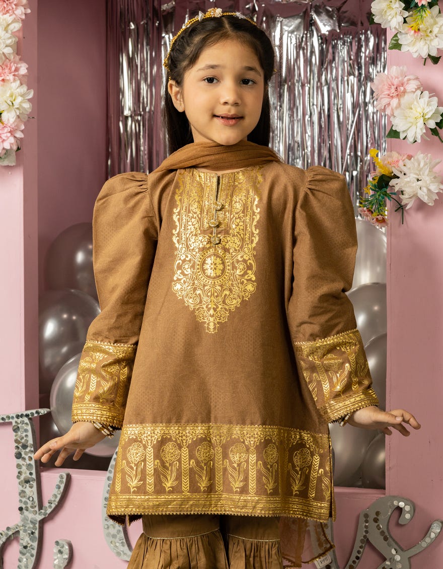 BROWN LAWN FOIL PRINTED 3PC STITCHED