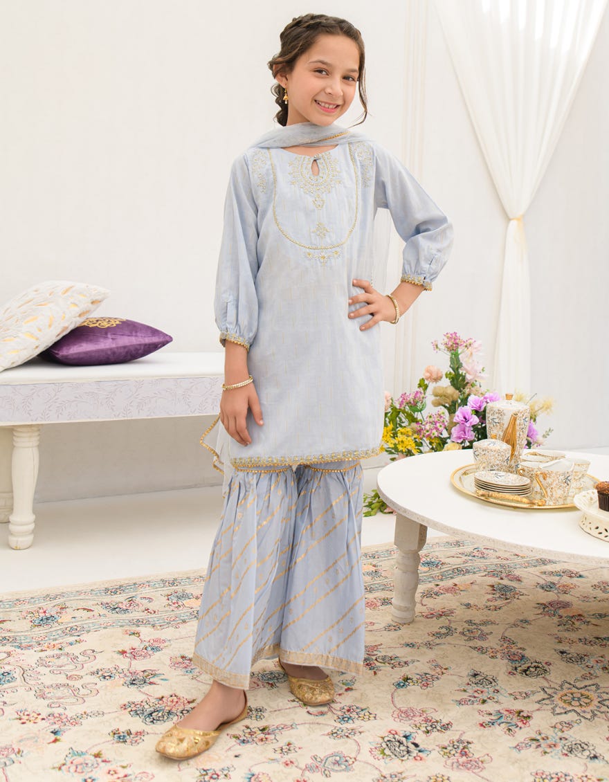 BLUE DOBBY EMBROIDERED 3PC STITCHED