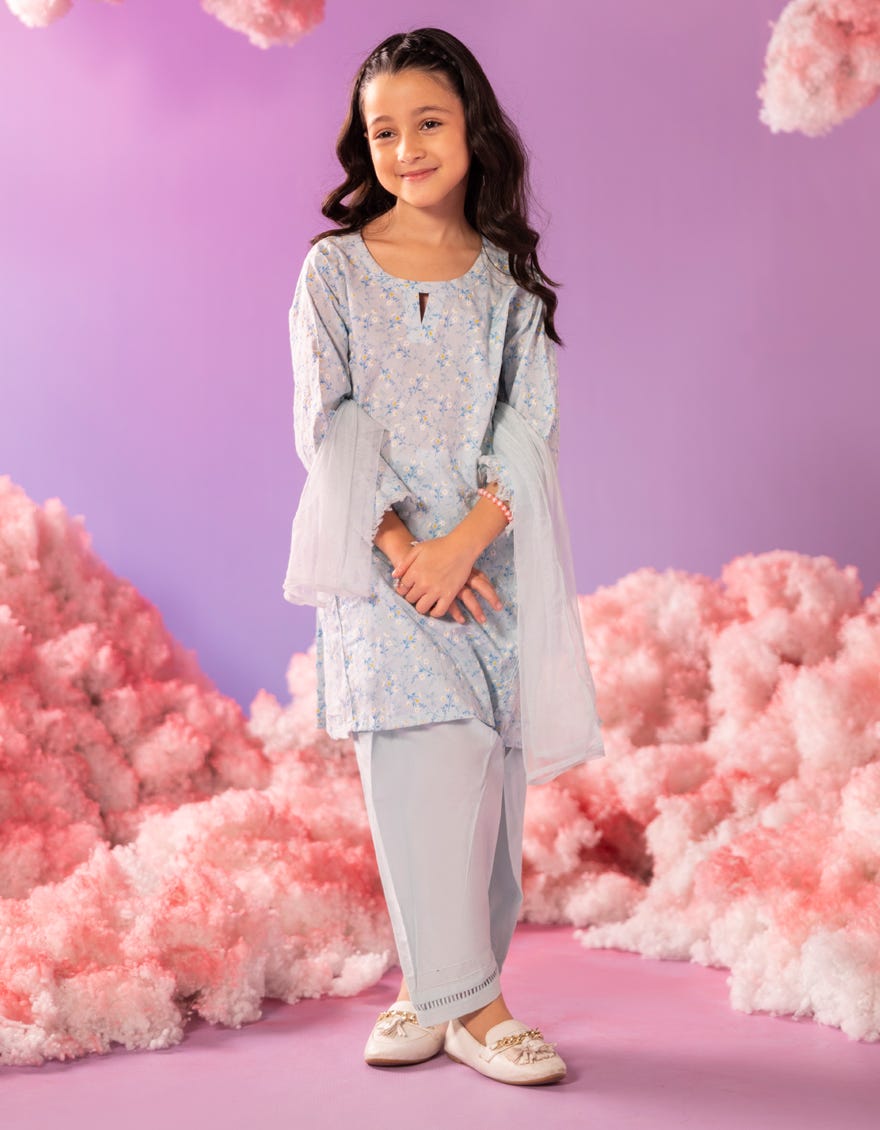 BLUE LAWN EMBOSSED 3PC STITCHED