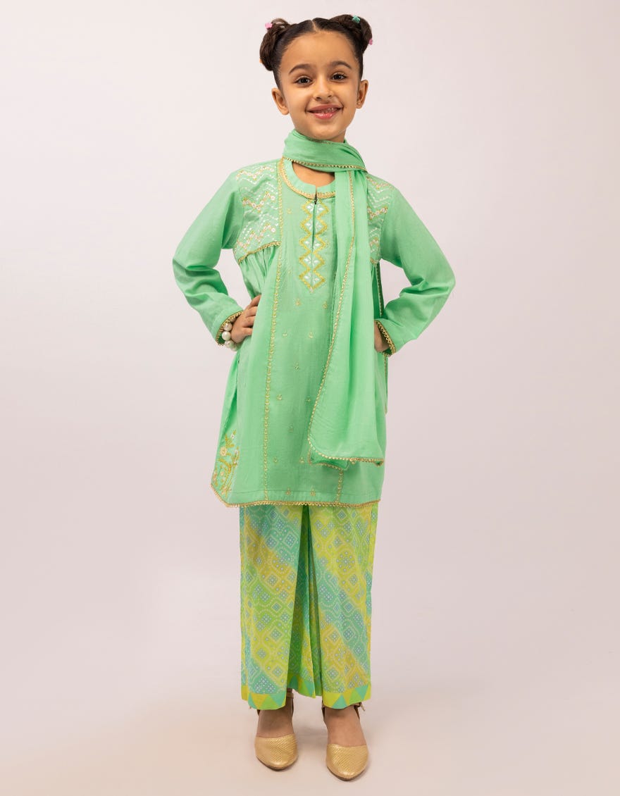 GREEN DOBBY EMBROIDERED STITCHED 3PC