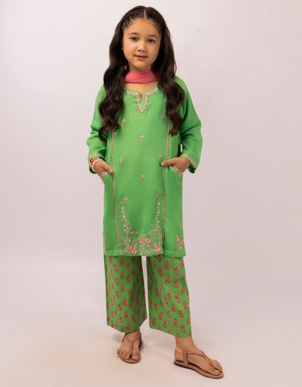 GREEN DOBBY EMBROIDERED 3PC STITCHED