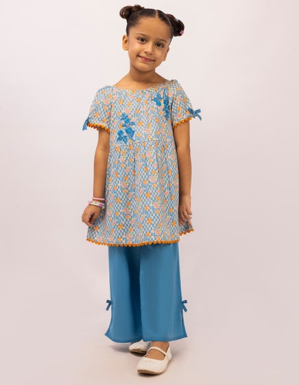 BLUE LAWN EMBROIDERED STITCHED 2PC