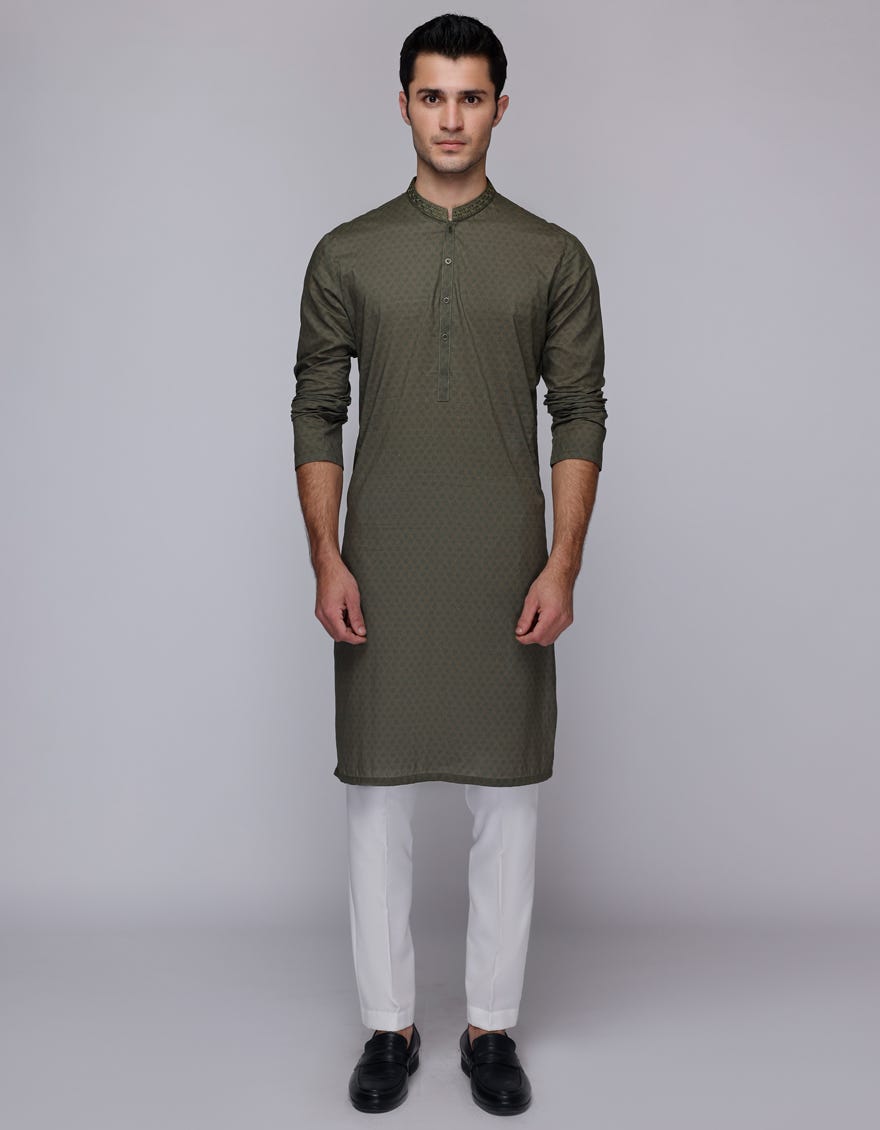 OLIVE COTTON SEMI-FORMAL KURTA