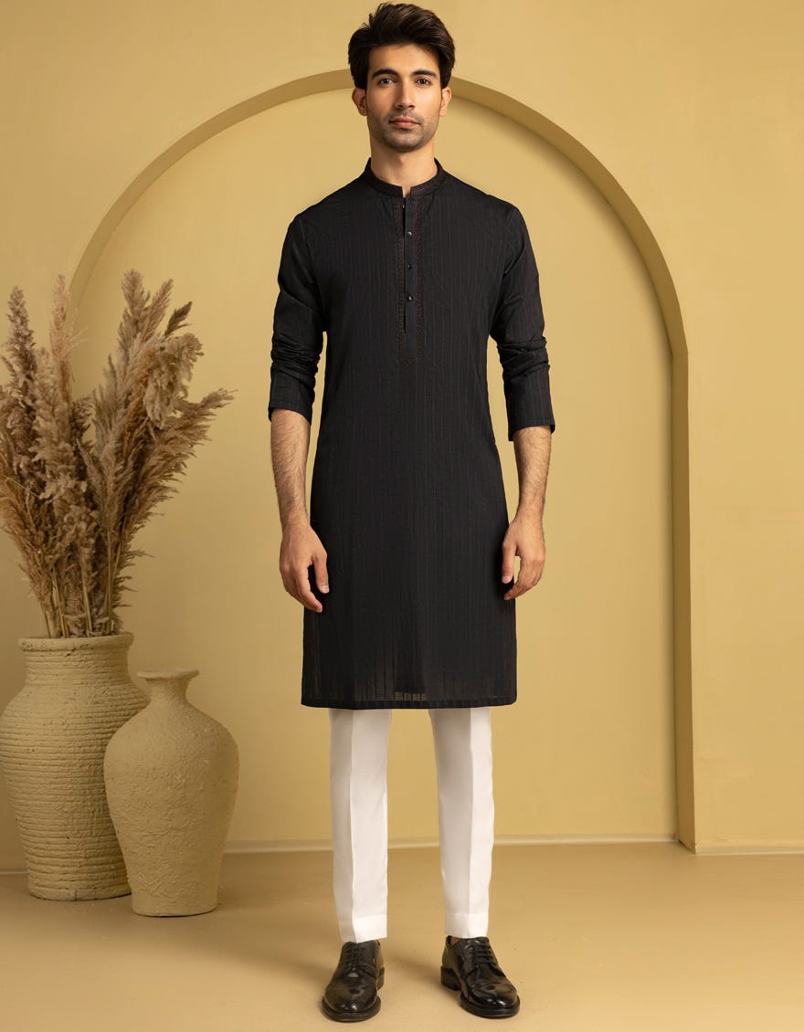 BLACK COTTON SEMI-FORMAL KURTA