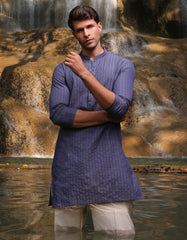 DULL BLUE COTTON SHORT KURTA | JJTHLK-S-47309