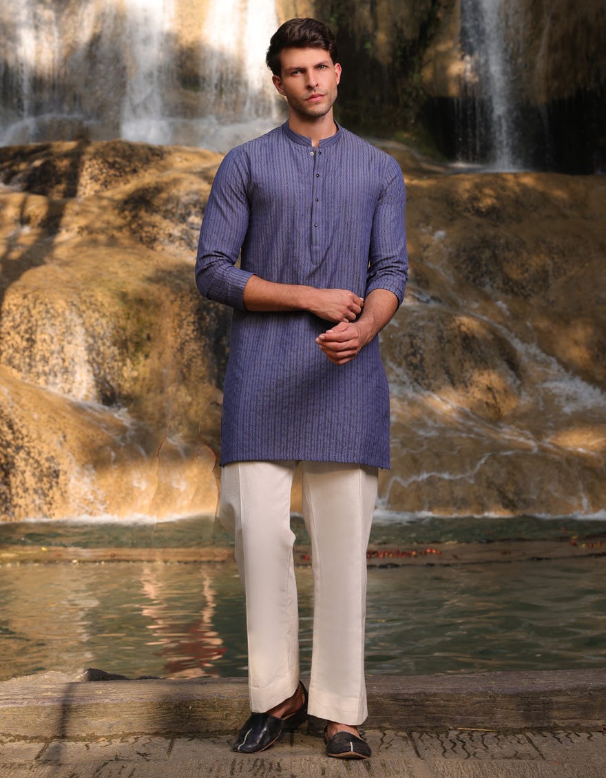 DULL BLUE COTTON SHORT KURTA | JJTHLK-S-47309