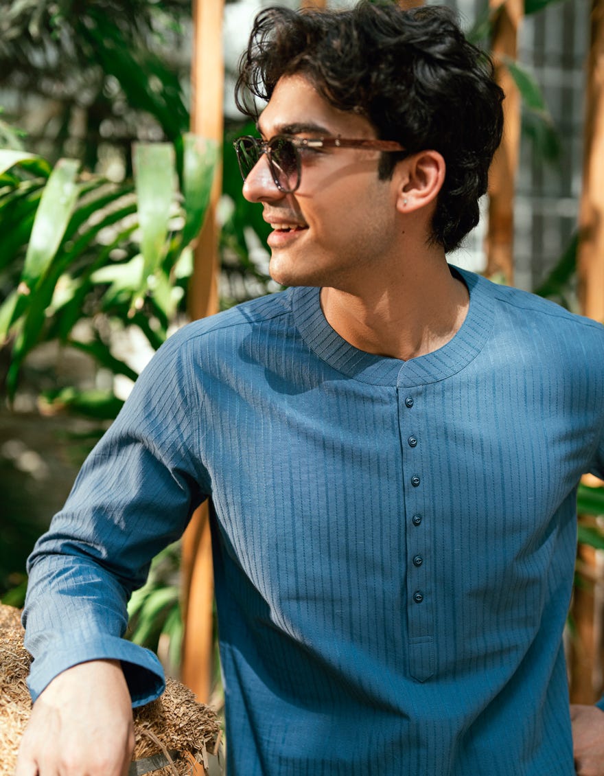 DULL BLUE BUNNAT COTTON CASUAL SHORT KURTA