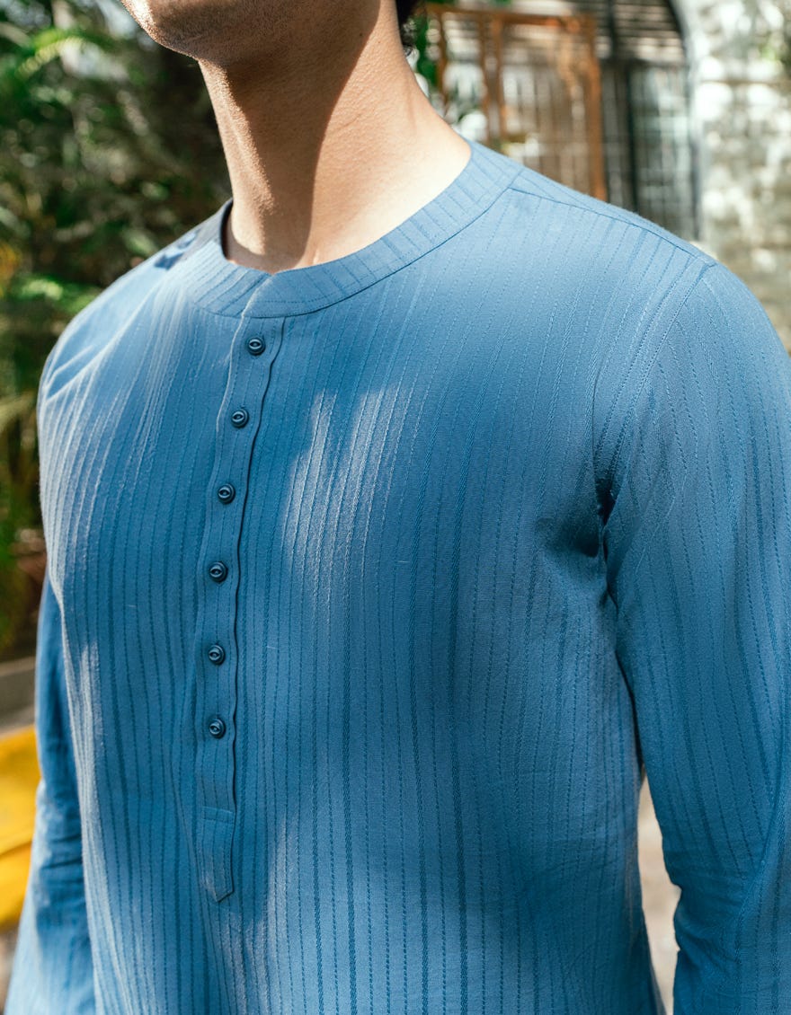 DULL BLUE BUNNAT COTTON CASUAL SHORT KURTA