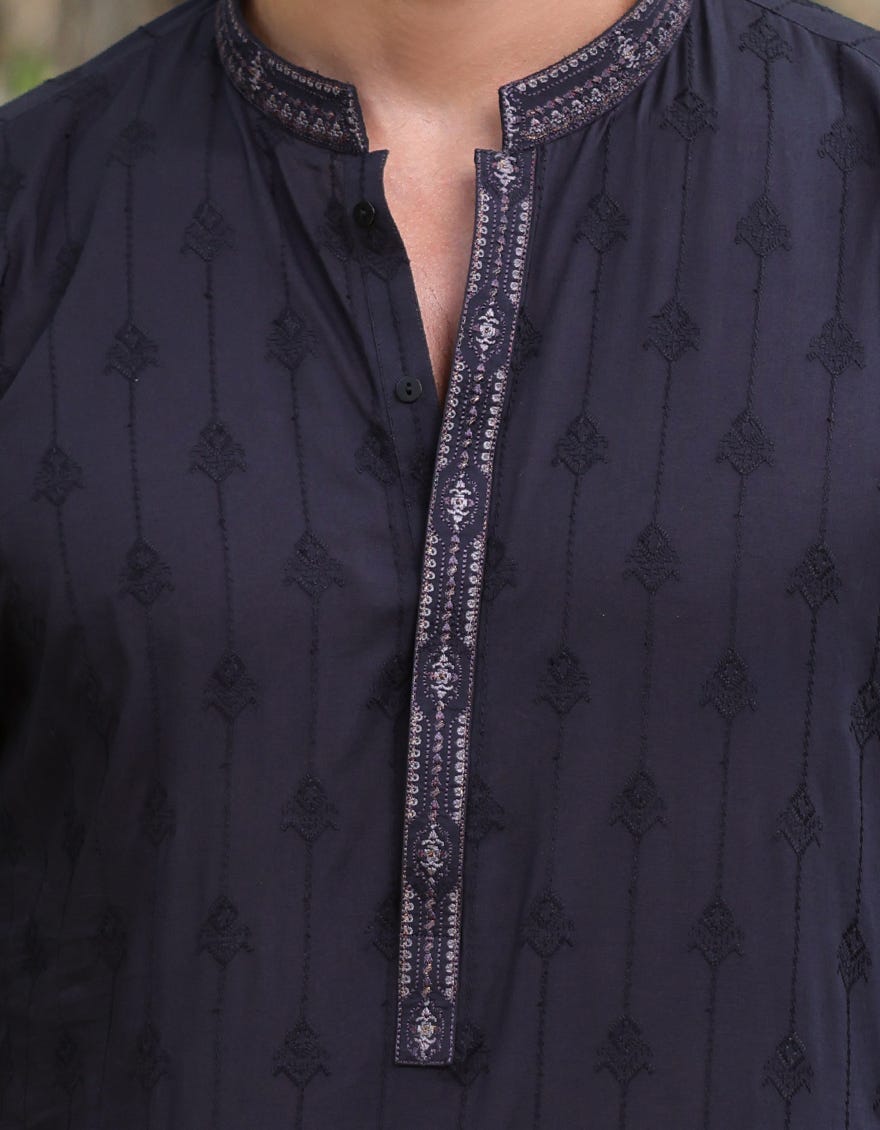 BLACK SCHIFFLI COTTON FORMAL KURTA