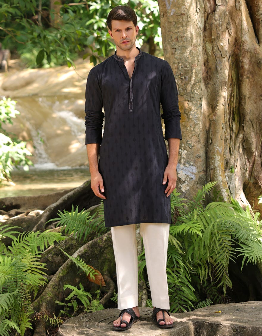 BLACK SCHIFFLI COTTON FORMAL KURTA