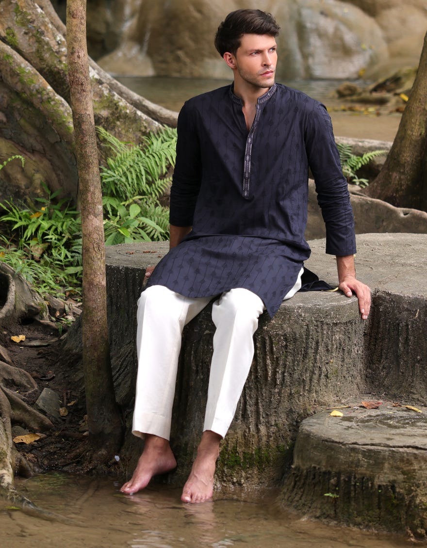 BLACK SCHIFFLI COTTON FORMAL KURTA