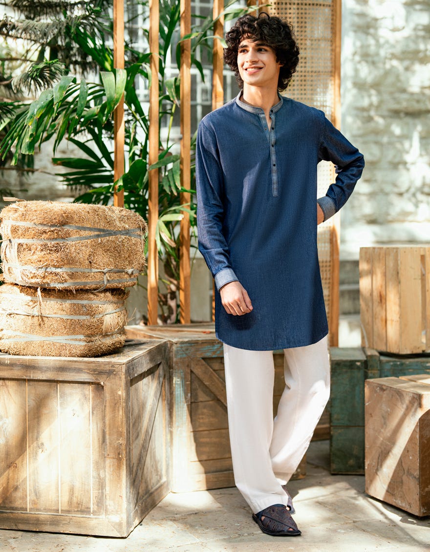 DENIM BLUE COTTON CASUAL SHORT KURTA