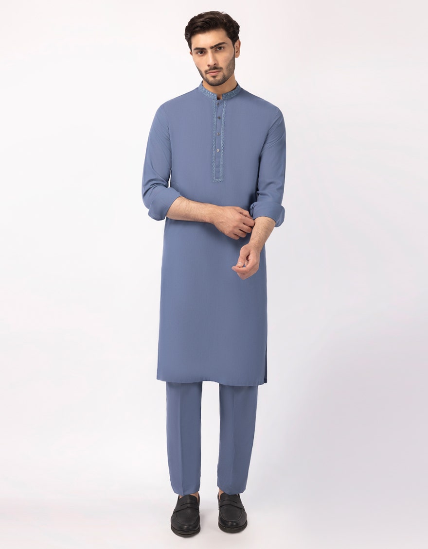 BLUE BLENDED SEMI-FORMAL KURTA TROUSERS
