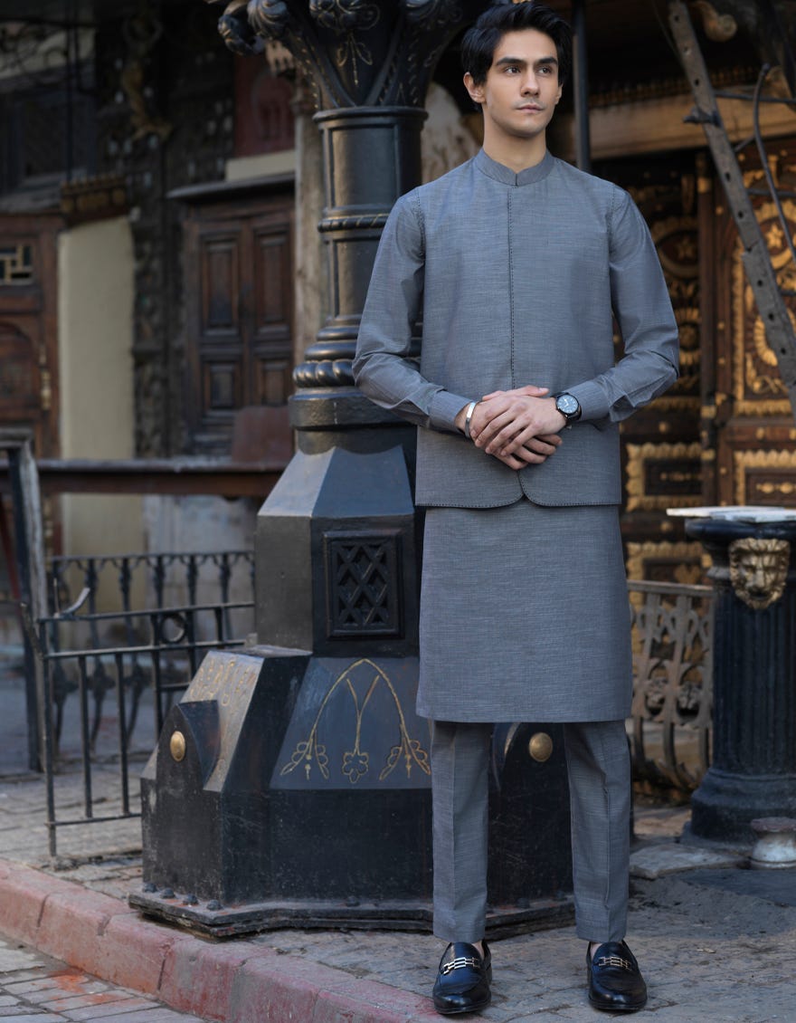 GREY COTTON KURTA PAJAMA + WAISTCOAT | JJKPVC-40240