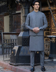 GREY COTTON KURTA PAJAMA + WAISTCOAT | JJKPVC-40240