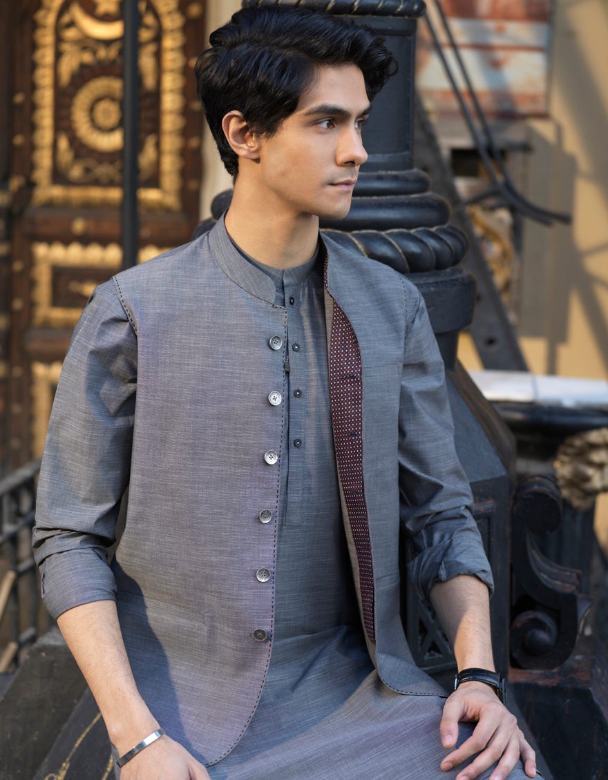 GREY COTTON KURTA PAJAMA + WAISTCOAT | JJKPVC-40240