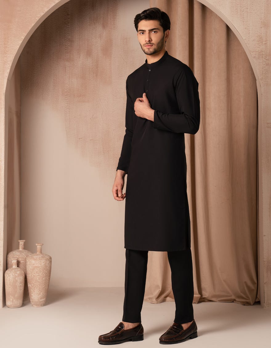 BLACK BLENDED PLAIN KURTA TROUSER