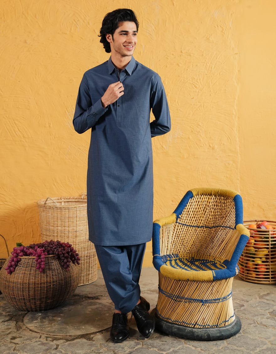 GREYISH BLUE COTTON CASUAL KAMEEZ SHALWAR