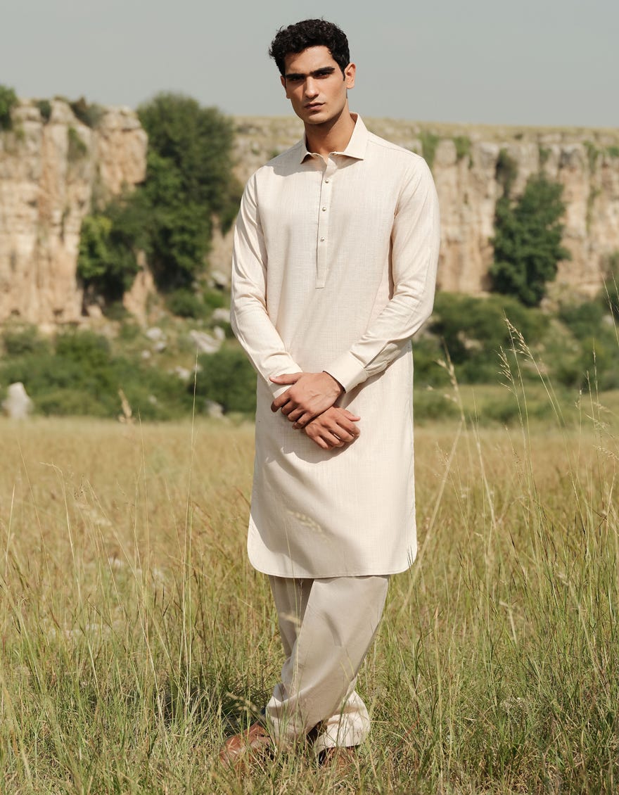 BEIGE COTTON KAMEEZ SHALWAR | JJKS-W-47363